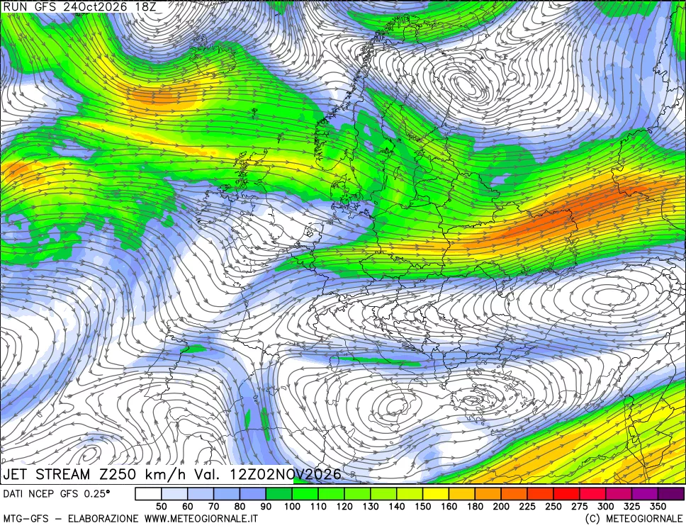 mappa 250 hPa Jet stream