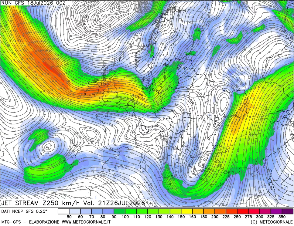 mappa 250 hPa Jet stream