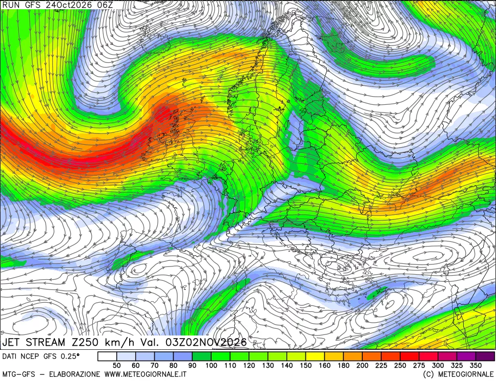 mappa 250 hPa Jet stream