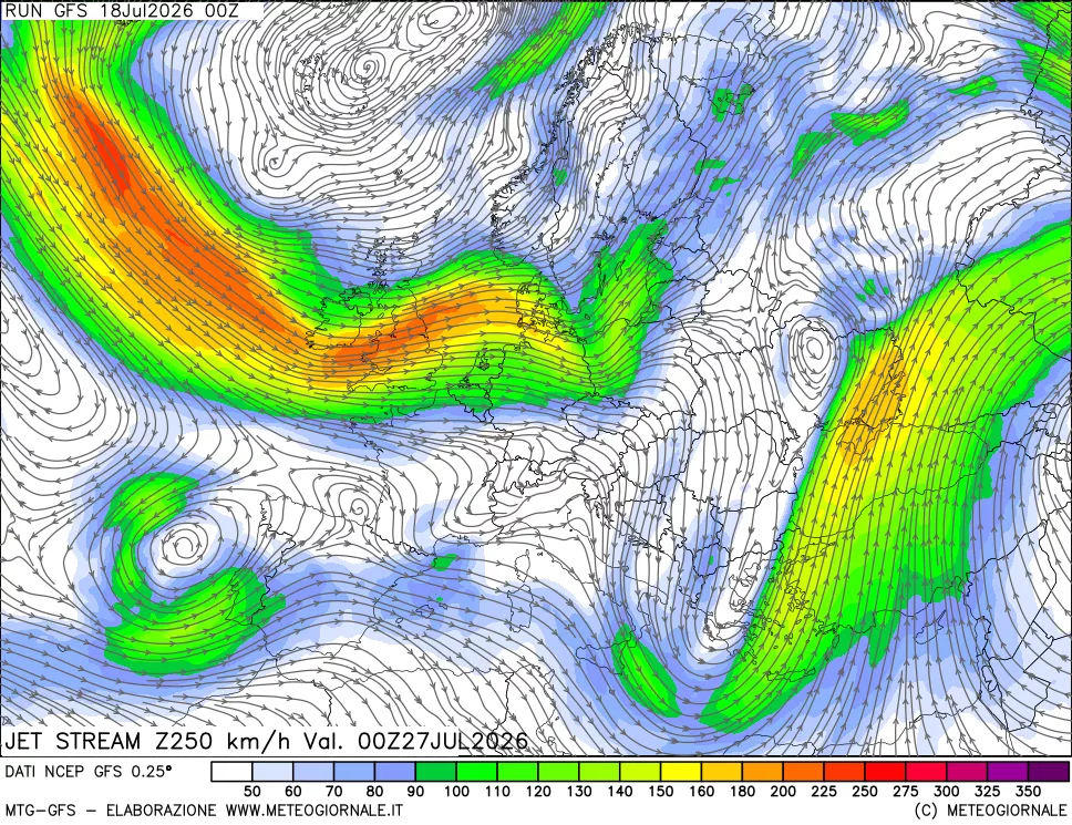 mappa 250 hPa Jet stream