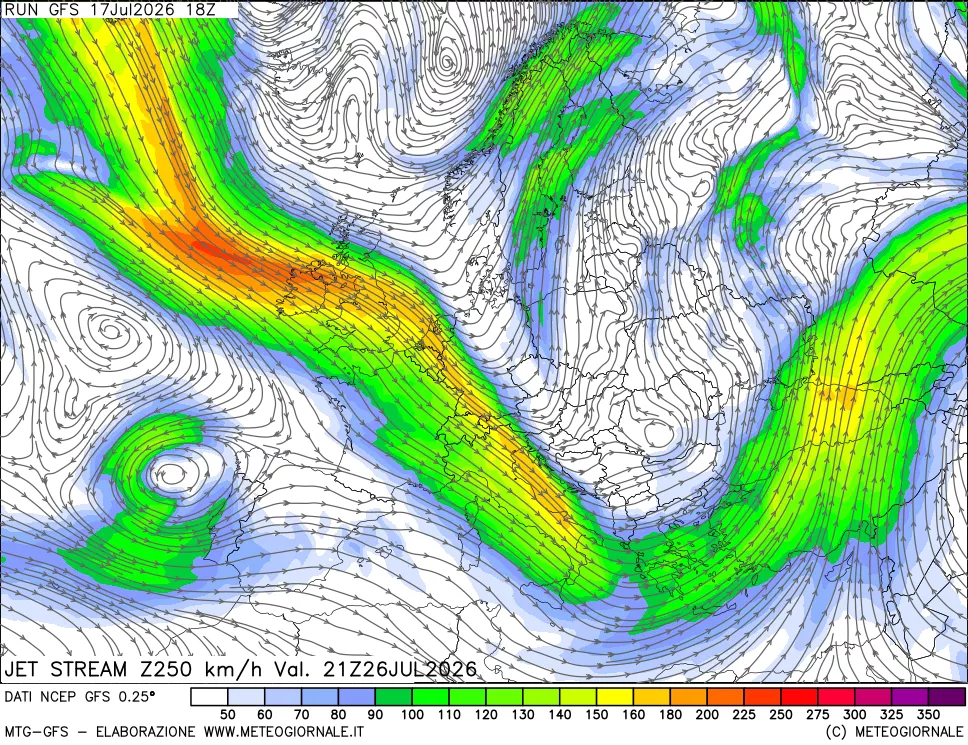 mappa 250 hPa Jet stream