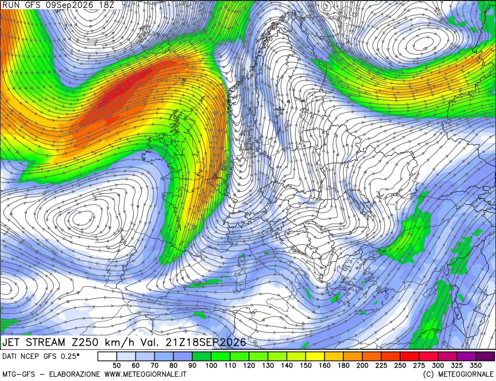 mappa 250 hPa Jet stream