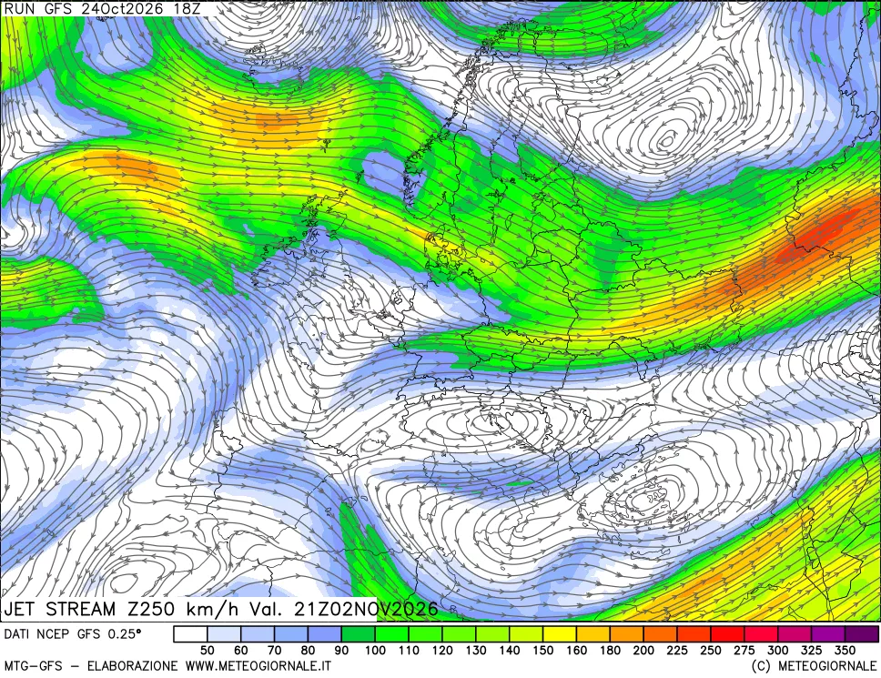 mappa 250 hPa Jet stream