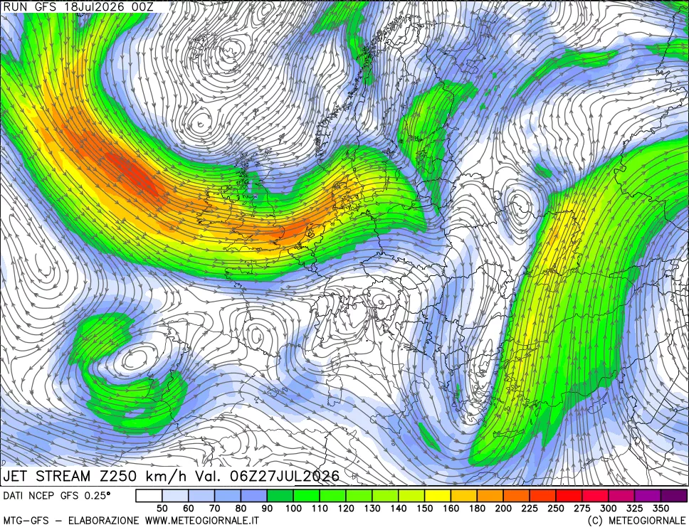 mappa 250 hPa Jet stream