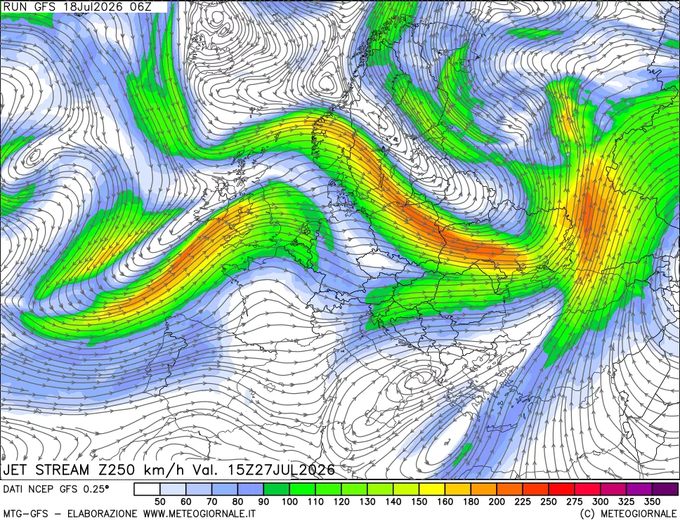 mappa 250 hPa Jet stream