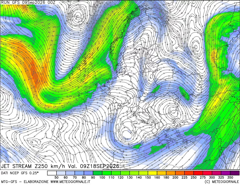 mappa 250 hPa Jet stream
