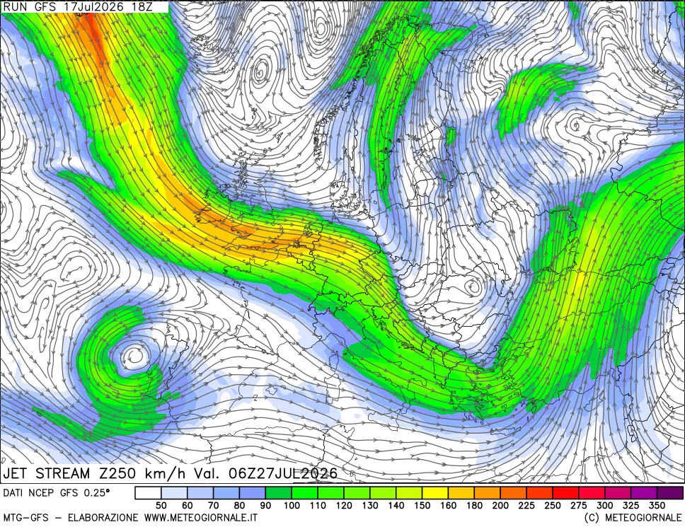 mappa 250 hPa Jet stream