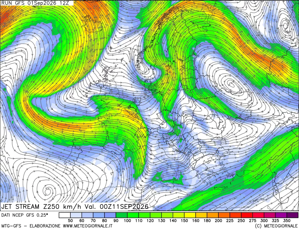 mappa 250 hPa Jet stream