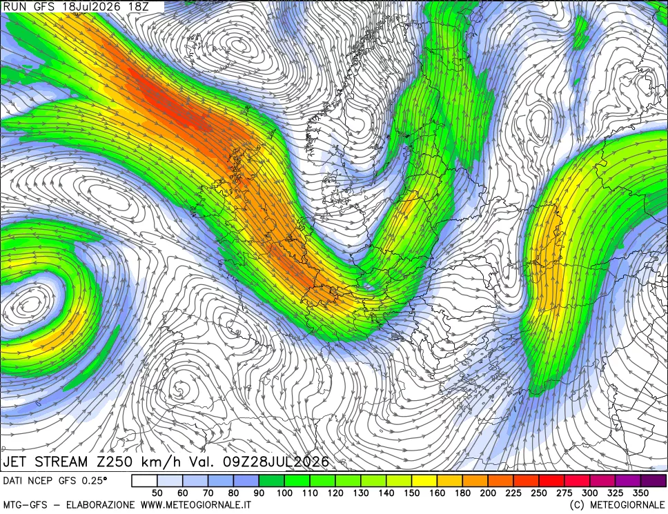 mappa 250 hPa Jet stream