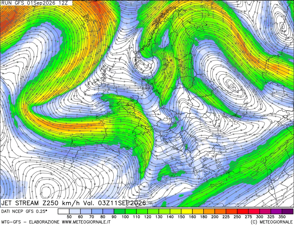 mappa 250 hPa Jet stream