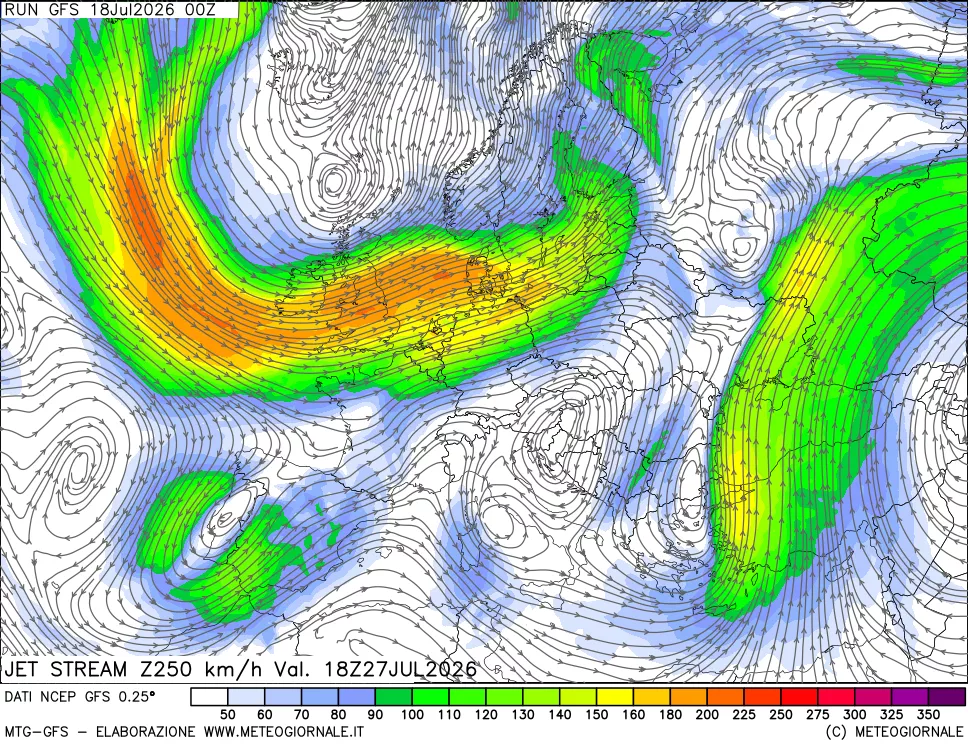 mappa 250 hPa Jet stream