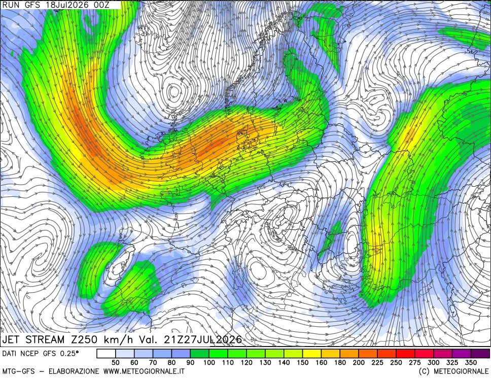mappa 250 hPa Jet stream