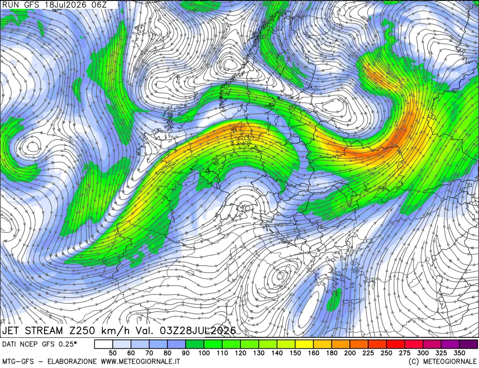 mappa 250 hPa Jet stream