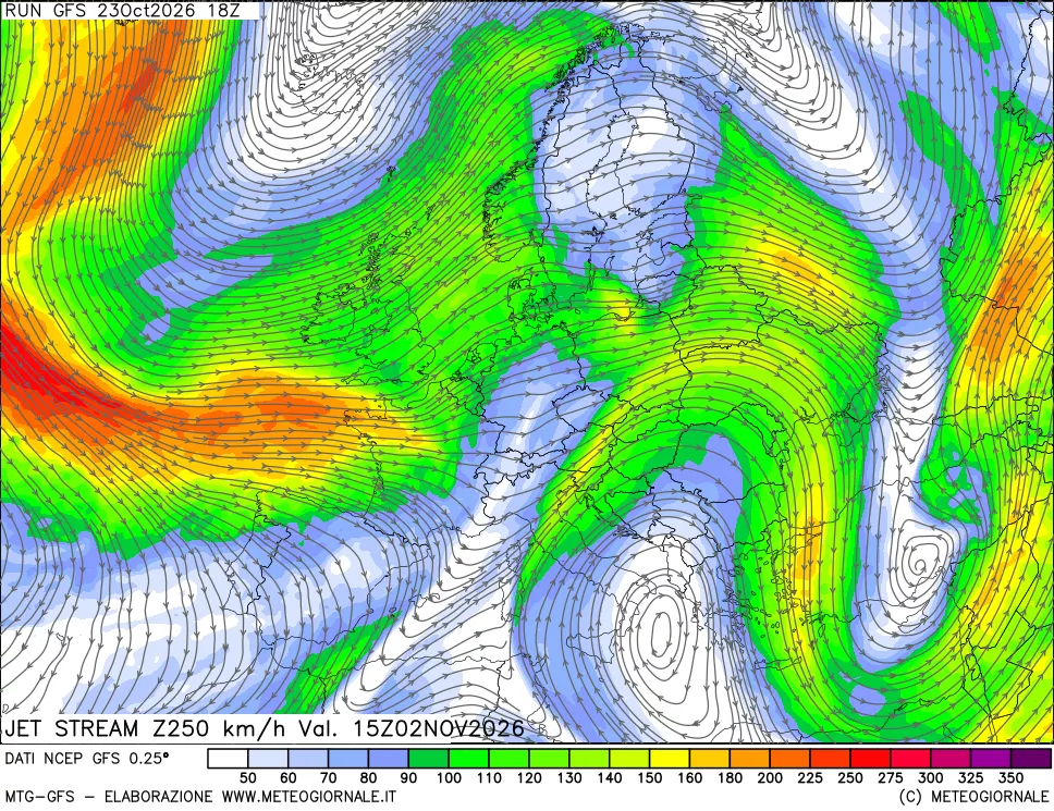 mappa 250 hPa Jet stream
