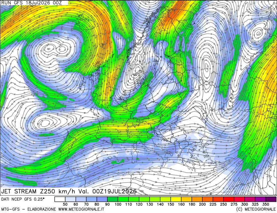 mappa 250 hPa Jet stream