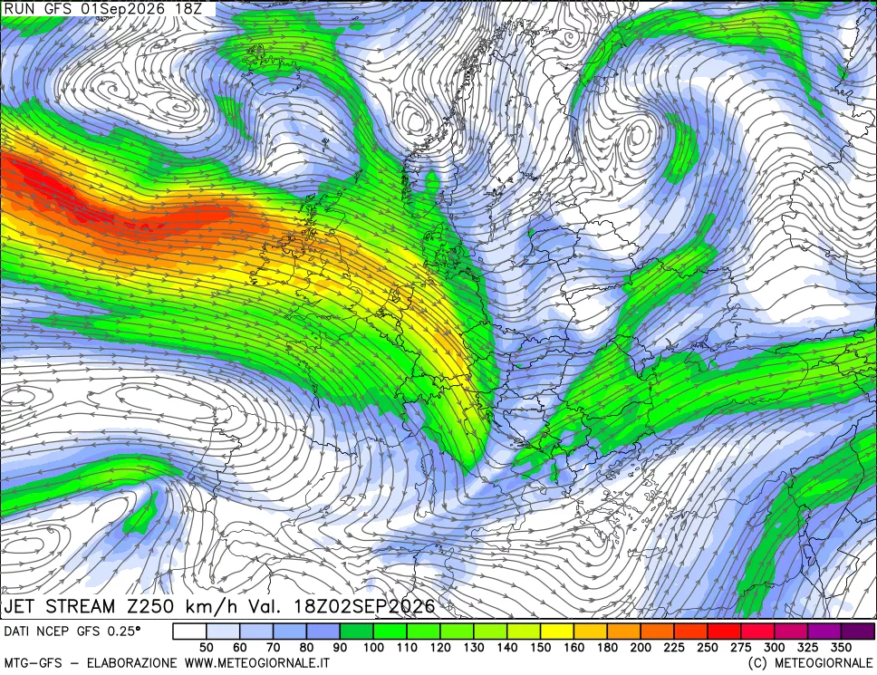 mappa 250 hPa Jet stream