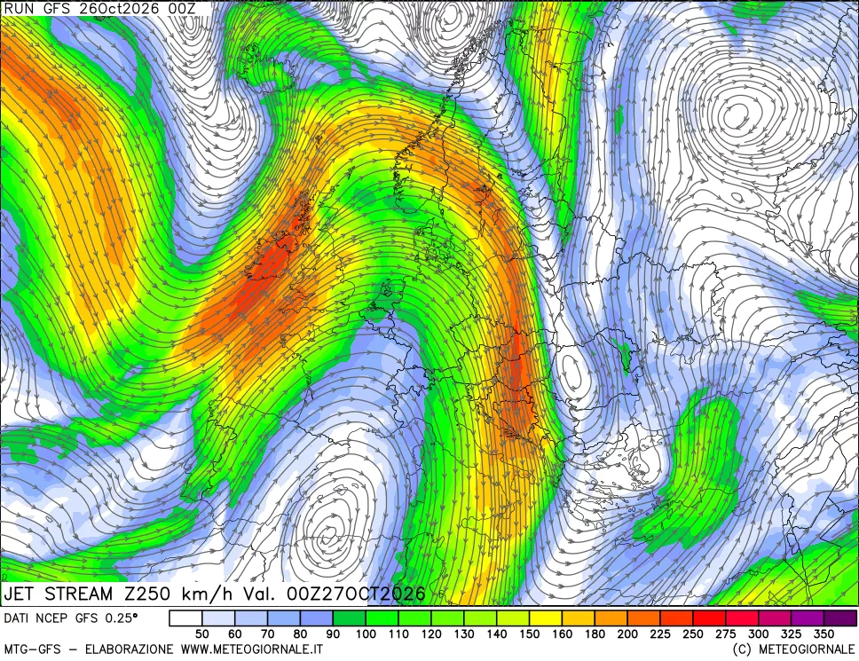 mappa 250 hPa Jet stream