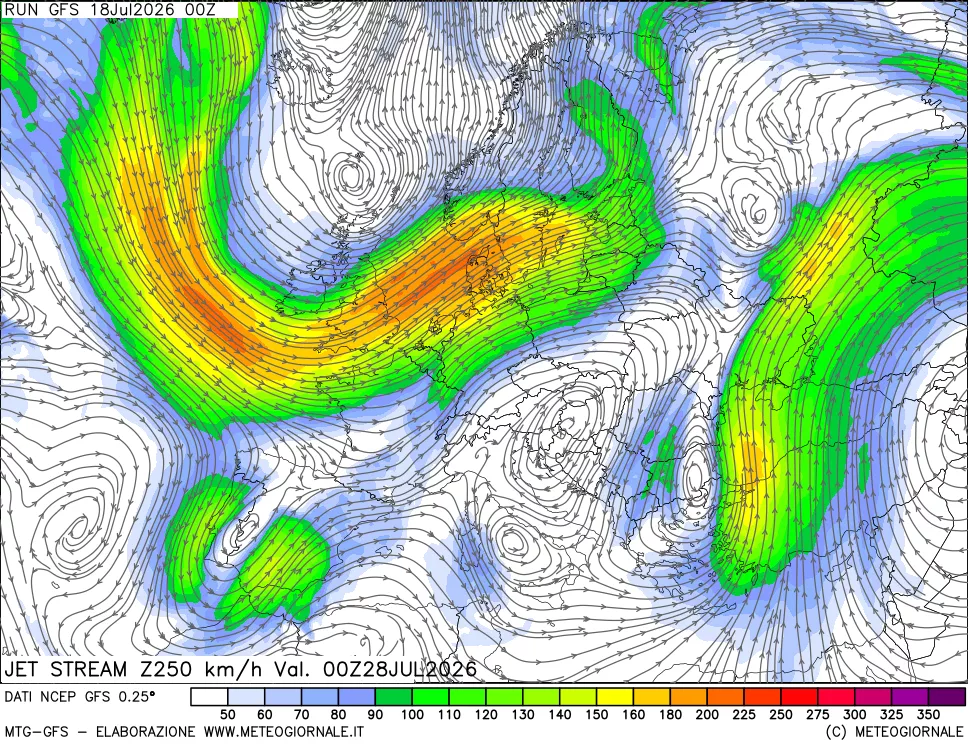 mappa 250 hPa Jet stream