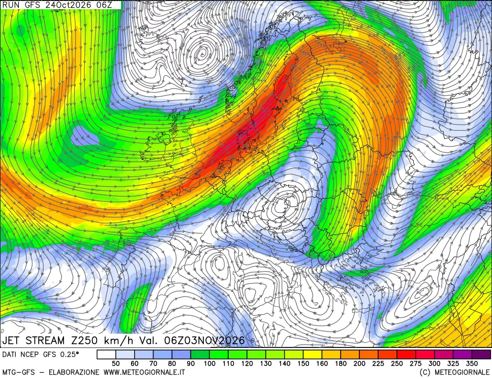 mappa 250 hPa Jet stream