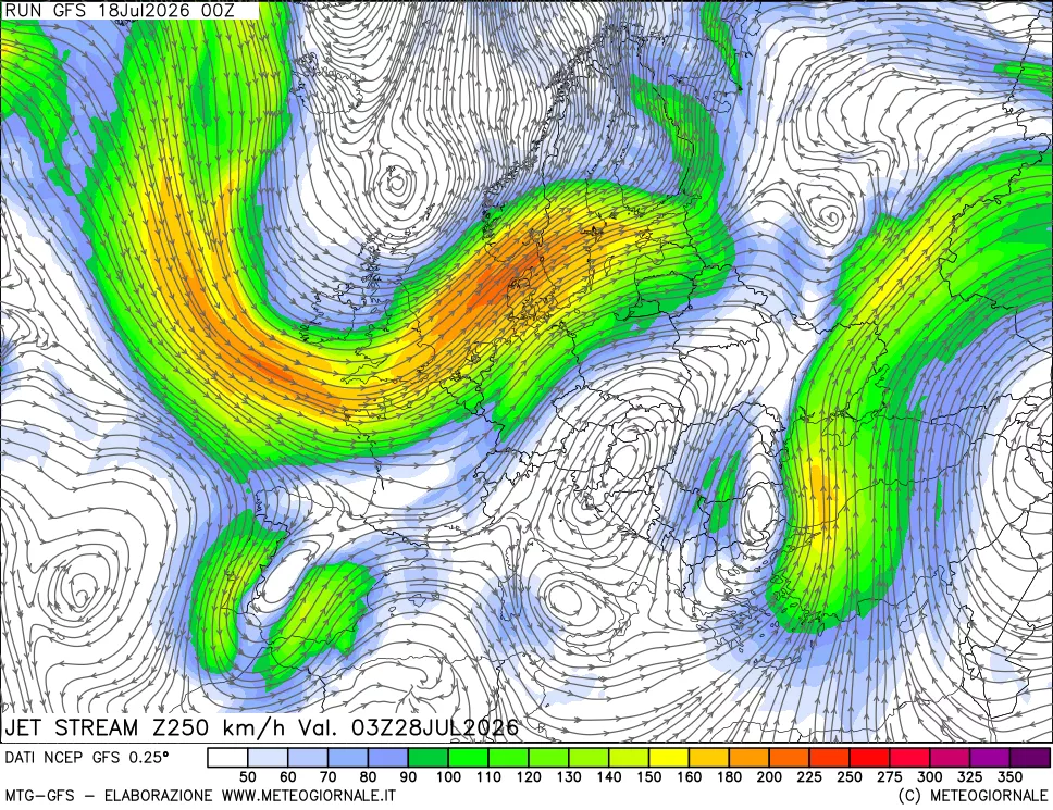 mappa 250 hPa Jet stream