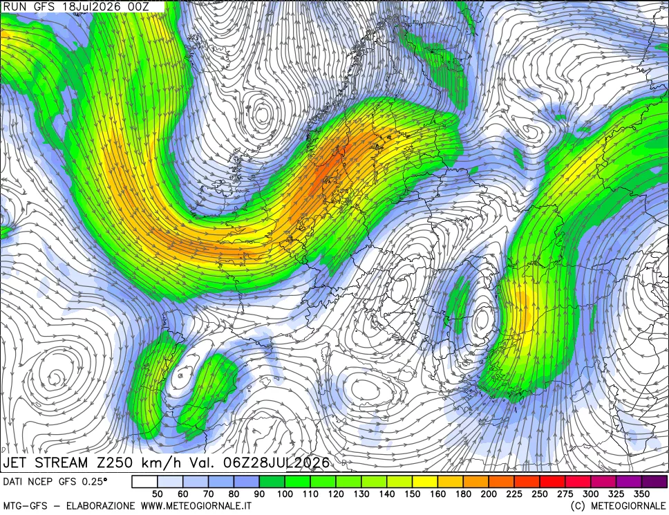 mappa 250 hPa Jet stream