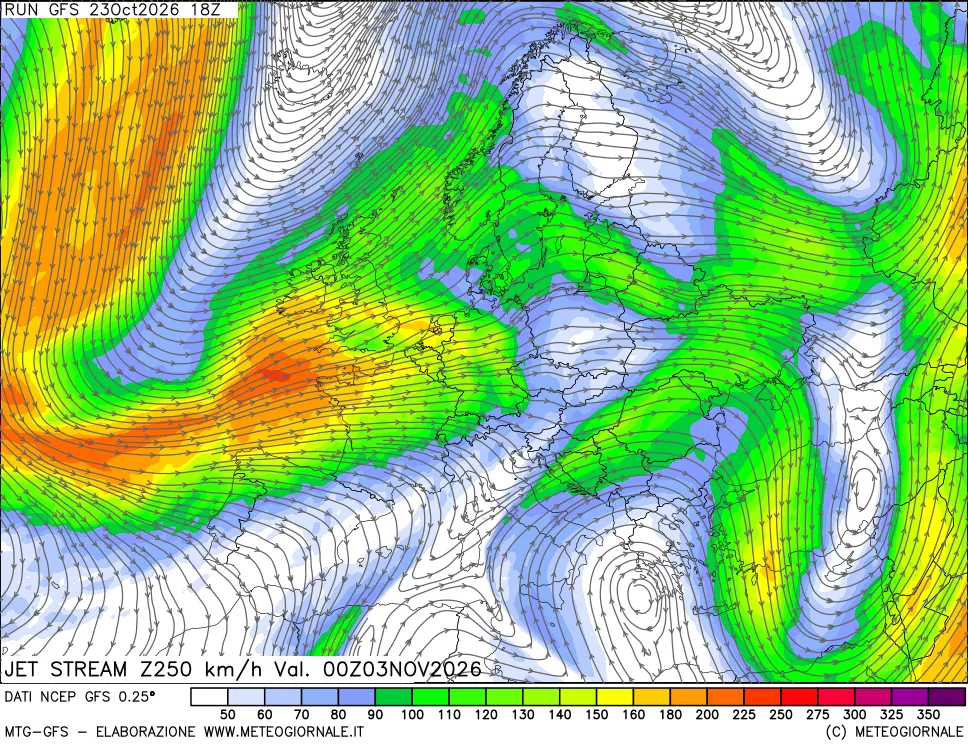 mappa 250 hPa Jet stream