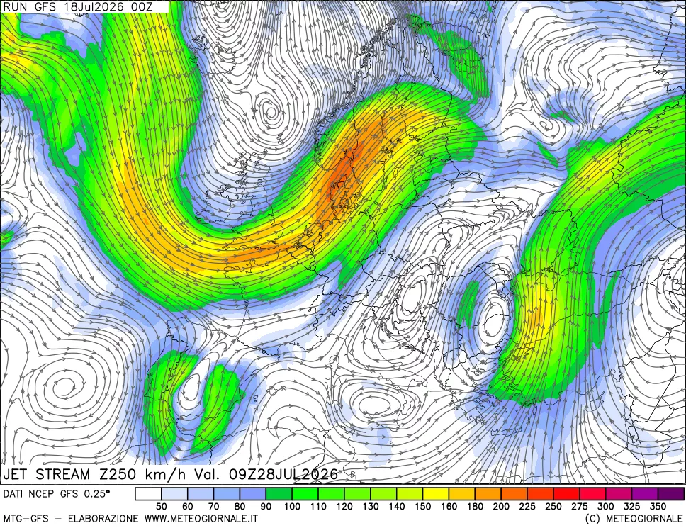 mappa 250 hPa Jet stream