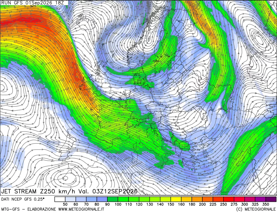 mappa 250 hPa Jet stream