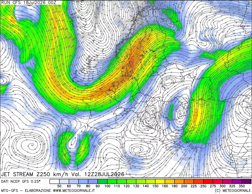 mappa 250 hPa Jet stream