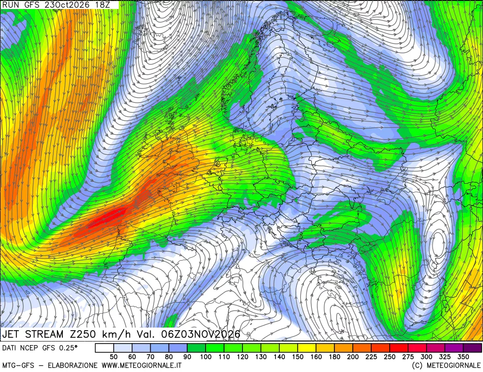 mappa 250 hPa Jet stream