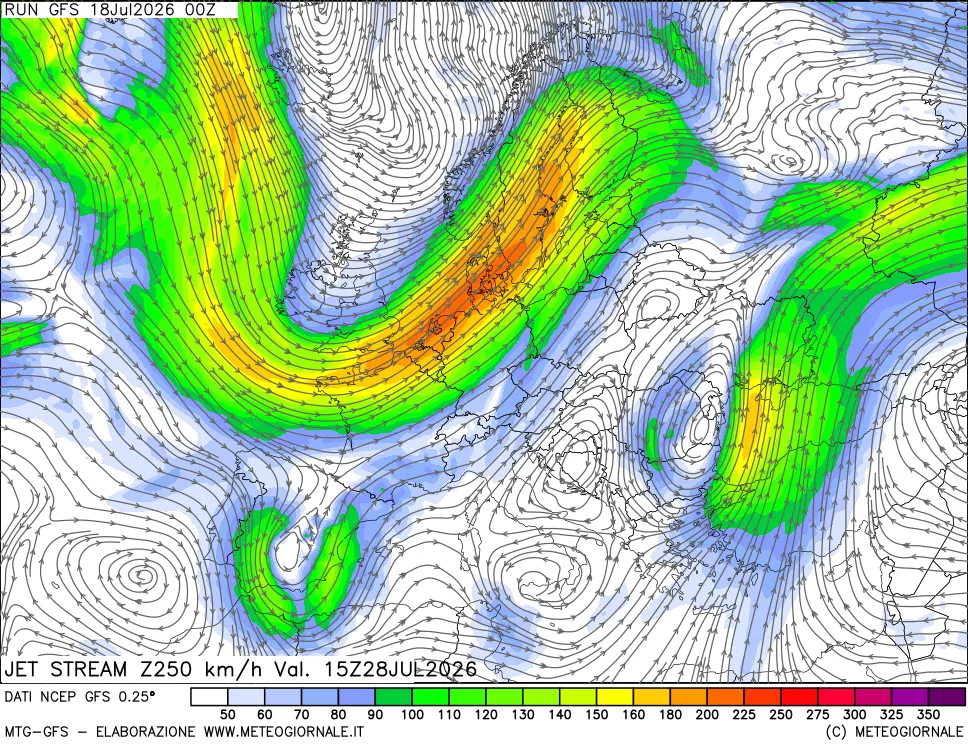 mappa 250 hPa Jet stream