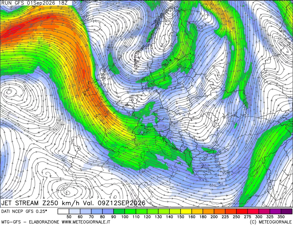 mappa 250 hPa Jet stream
