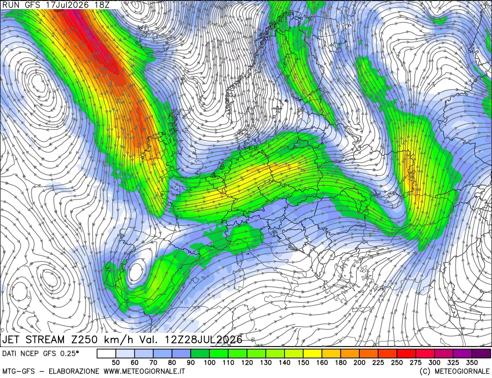 mappa 250 hPa Jet stream