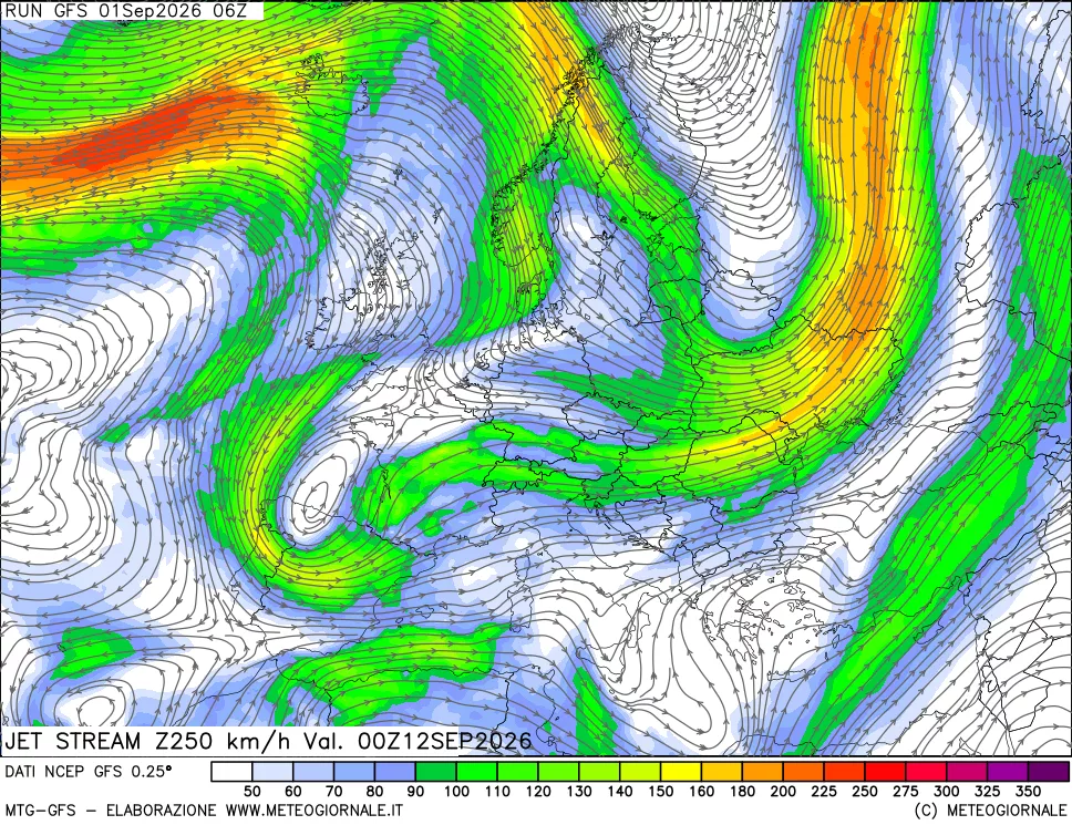 mappa 250 hPa Jet stream