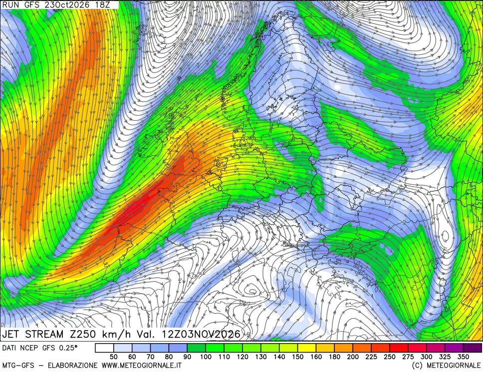 mappa 250 hPa Jet stream