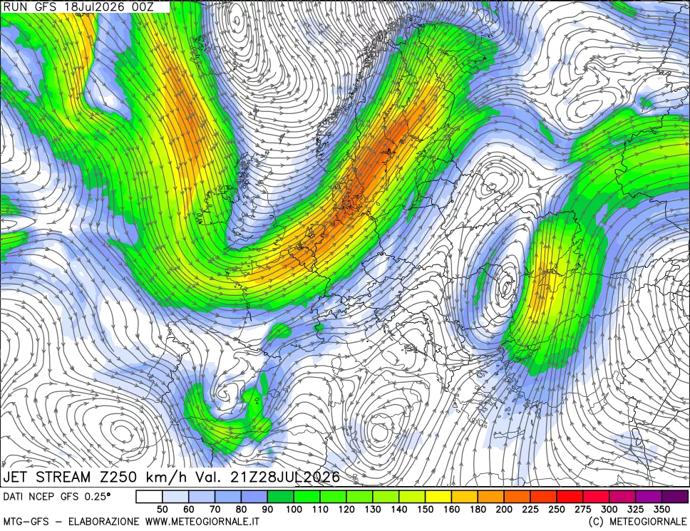 mappa 250 hPa Jet stream
