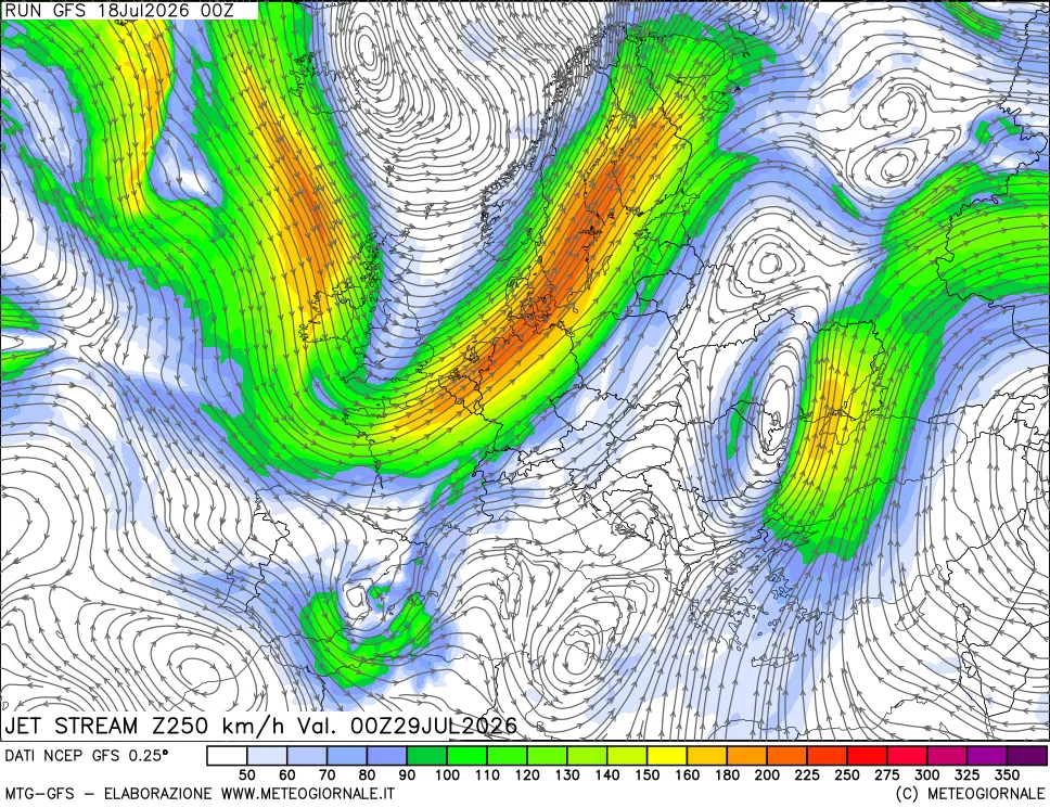 mappa 250 hPa Jet stream