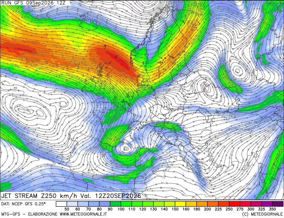 mappa 250 hPa Jet stream