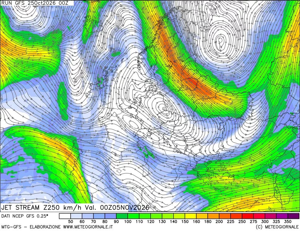 mappa 250 hPa Jet stream