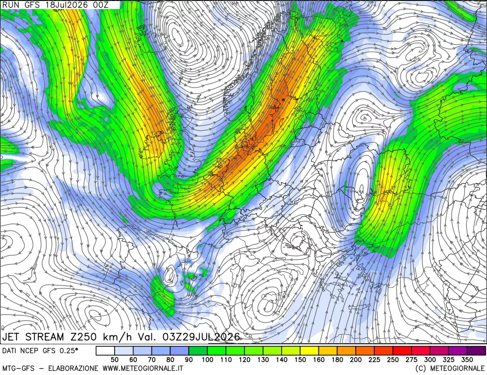 mappa 250 hPa Jet stream