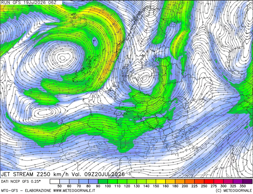 mappa 250 hPa Jet stream
