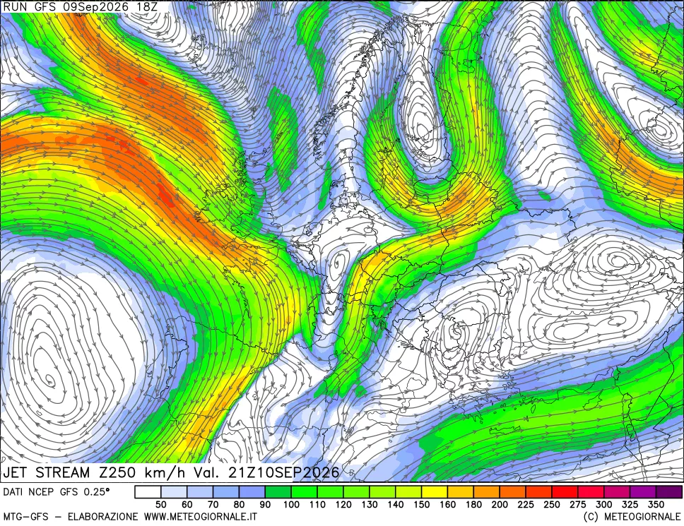 mappa 250 hPa Jet stream