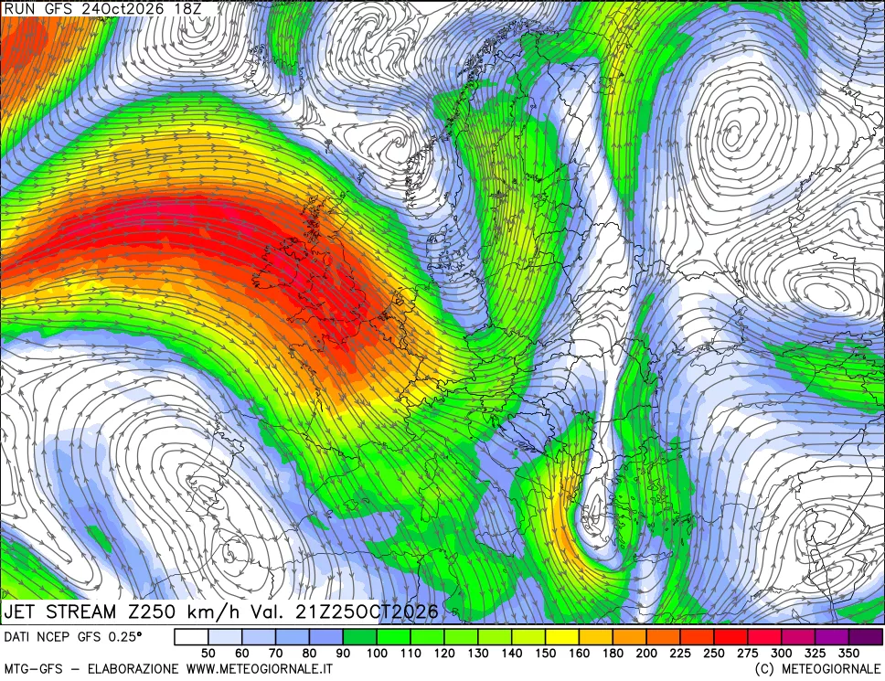 mappa 250 hPa Jet stream