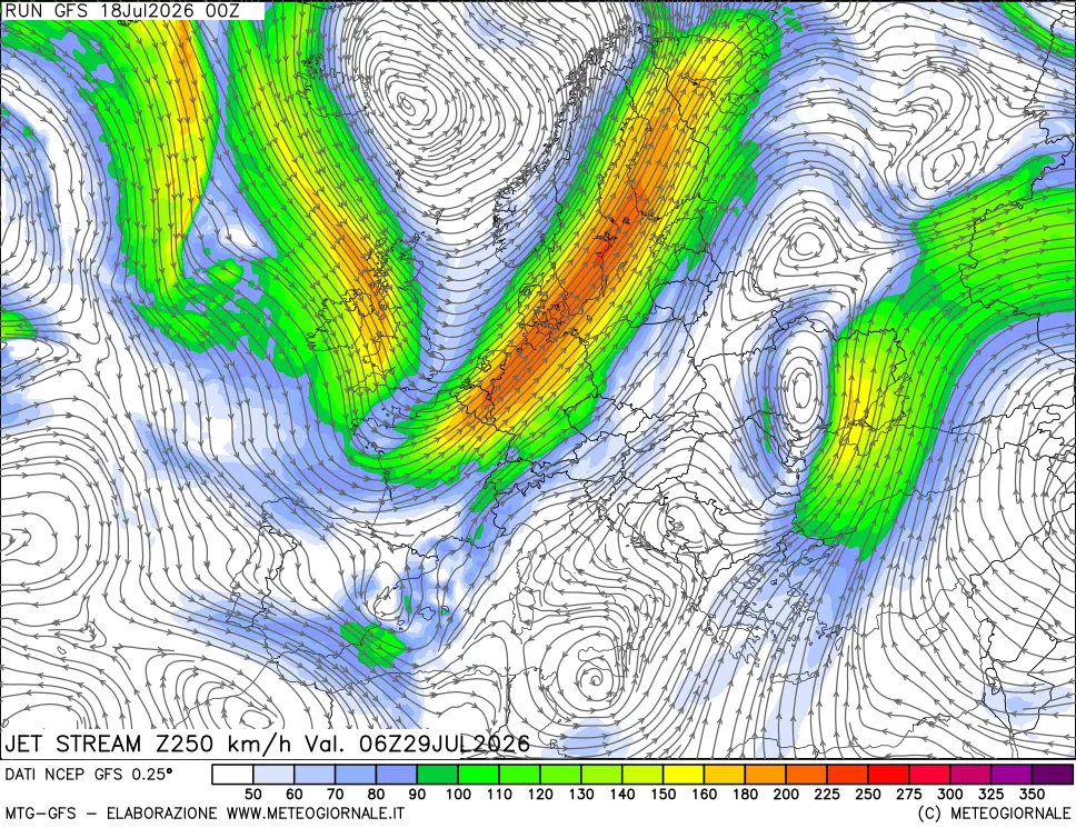 mappa 250 hPa Jet stream