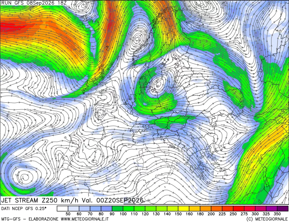 mappa 250 hPa Jet stream
