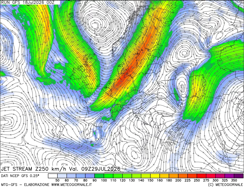 mappa 250 hPa Jet stream