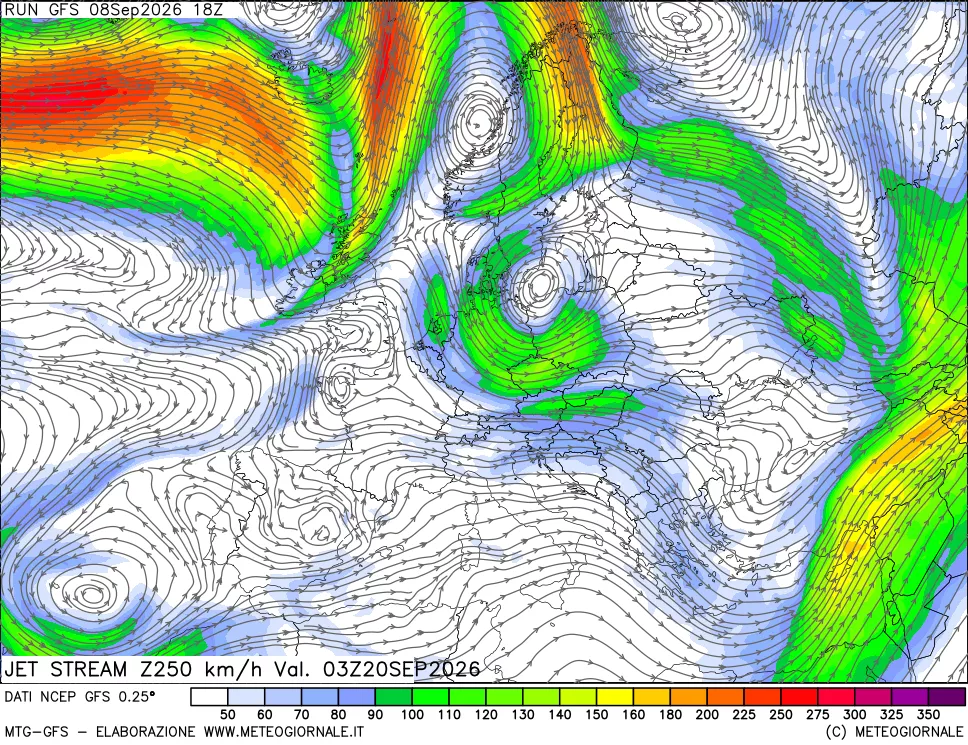 mappa 250 hPa Jet stream