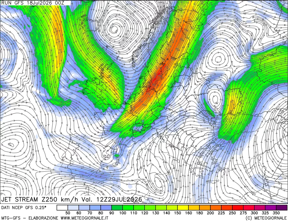 mappa 250 hPa Jet stream