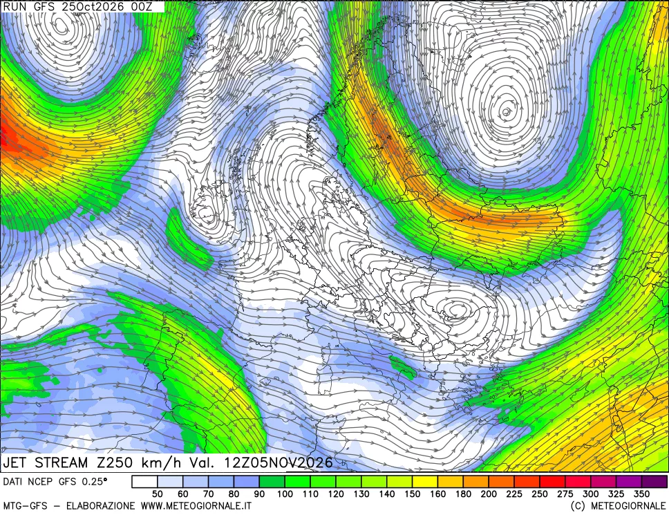 mappa 250 hPa Jet stream