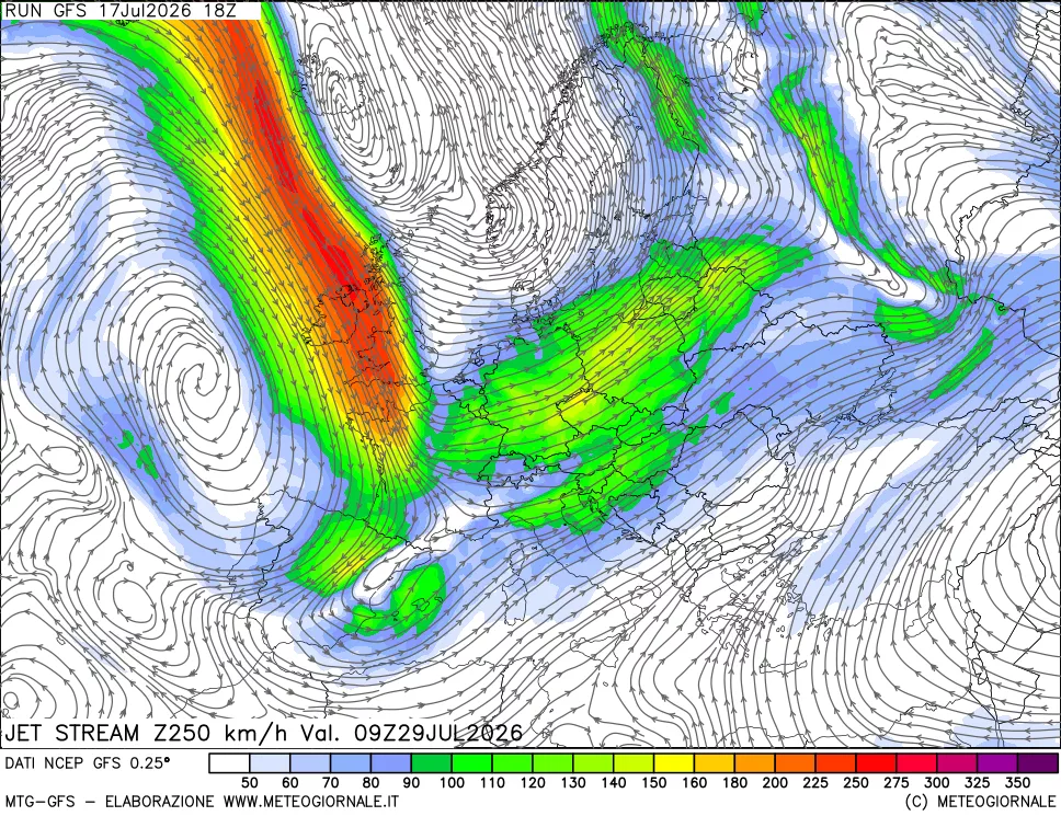 mappa 250 hPa Jet stream